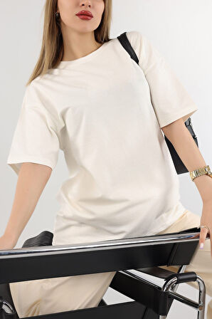 Ekru Unisex Pamuk Bisiklet Yaka Boyfriend Örme Oversize T-Shirt