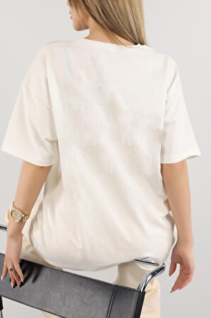 Ekru Unisex Pamuk Bisiklet Yaka Boyfriend Örme Oversize T-Shirt