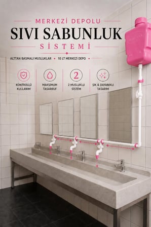 Hilal Kimya Depolu Sabunluk Sistemi | 2 Musluklu | 10 Lt Merkezi Depolu | Alttan Basmalı | Okul, Cami ve Toplu Kullanım İçin - Pembe