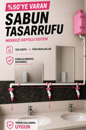 Hilal Kimya Depolu Sabunluk Sistemi | 2 Musluklu | 10 Lt Merkezi Depolu | Alttan Basmalı | Okul, Cami ve Toplu Kullanım İçin - Pembe
