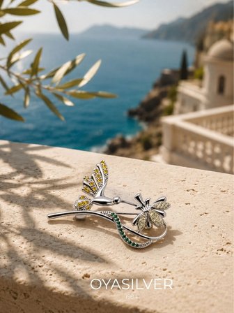 Renkli Zirkon Sinek Kuşu ve Çiçek Taşlı Broş 3.2x1.7cm [OYOT404]