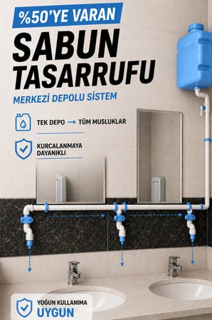 Hilal Kimya Depolu Sabunluk Sistemi | 4 Musluklu | 10 Lt Merkezi Depolu | Alttan Basmalı | Okul, Cami ve Toplu Kullanım İçin - Mavi