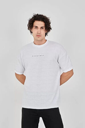 Unisex Jakar Kumaş Rahat Kol T-Shirt - Beyaz