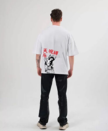 Unisex Bisiklet Yaka Baskılı Oversize T-Shirt - Beyaz