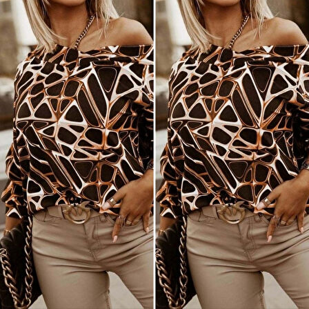 Kadın Uzun Kollu V Yaka Düşük Omuz Geometrik Desen şardonlu Dalgıç Bluz