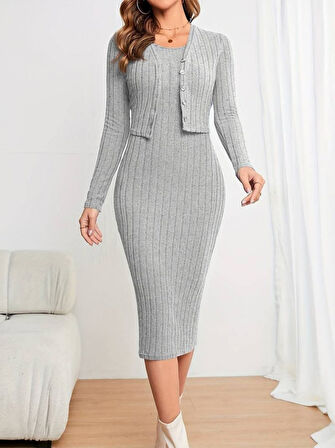 Kadın Uzun Kollu şardonlu Kaşkorseönü Düğmeli Midi Boy Elbise Ikili Takım