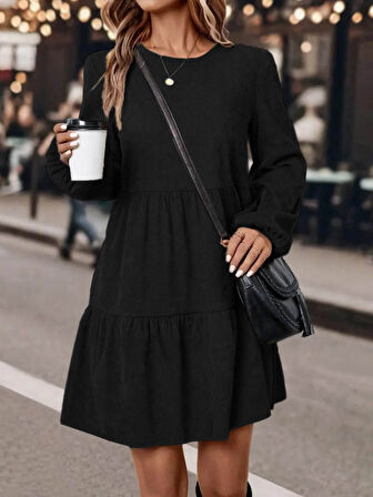 Kadın Uzun Kollu Kol Ucu Lastikli Süet Mini Boy Elbise