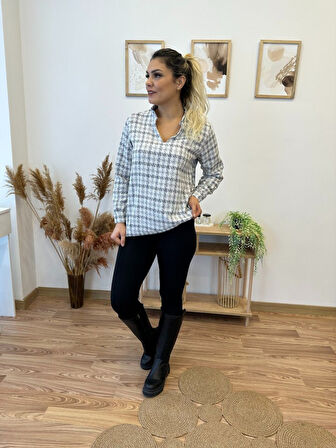 Kadın Uzun Kollu V Hakim Yaka çok Renkli Dokuma Bluz