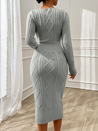 Kadın Uzun Kollu Kruvaze Yaka Triko Midi Boy Elbise
