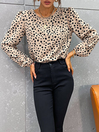 Kadın Uzun Kollu Bisiklet Yaka Desenli Bluz