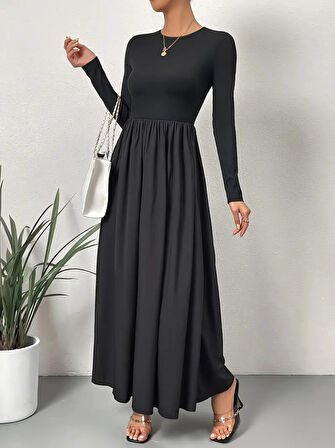 Kadın Uzun Kollu Bisiklet Yaka Uzun üst Viskon Alt Trikoton Elbise