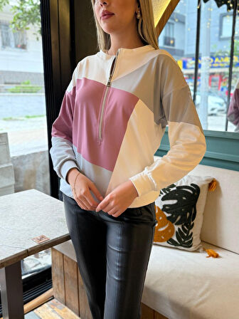 Kadın Uzun Kollu önden Fermuar Detaylı Desenli şardonlu Dalgıç Bluz