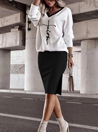 Kadın Uzun Kollu V Yakalı Iki Iplik Bluz Ve şardonlu Kaşkorse Etek Ikili Takım