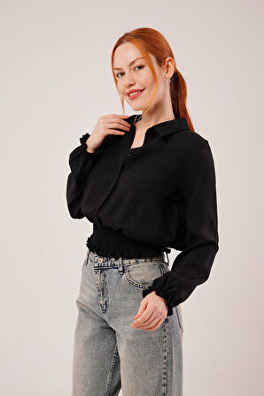 Bel Ve Bilek Lastikli Siyah Bluz