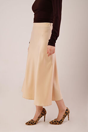 Çan Kesim Midi Krem Saten Etek