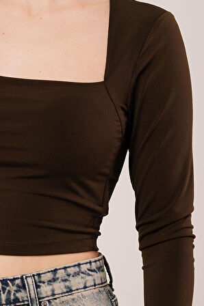 Kare Yaka Basic Kahverengi Bluz