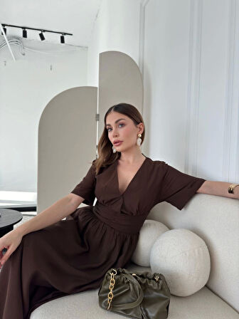 Kısa Kollu Uzun Elbise - Kahve