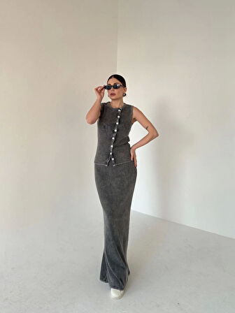 Uzun Etekli Önü Düğmeli Badi İkili Takım- Antrasit