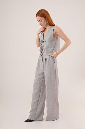 Ön Bağlama Detaylı Yelek Ve Pantolon Gri İkili Takım