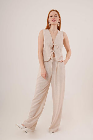 Ön Bağlama Detaylı Yelek Ve Pantolon Taş İkili Takım