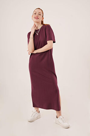 Yırtmaç Detaylı Kısa Kollu Salaş Maxi Bordo Elbise