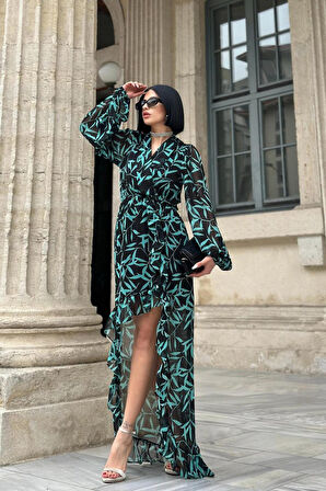 Desenli Desenli Fırfırlı Elbise