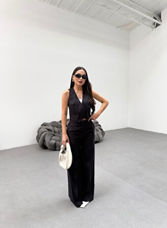 Toskana Keten Kruvaze Yaka Tek Düğmeli̇ Yelek Pantolon Takim