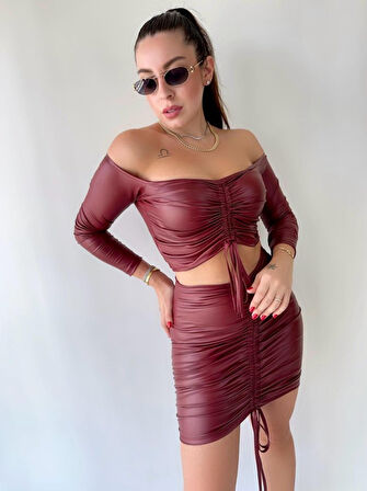 Kadın Büzgülü Deri Etek Takım Fırsat Ürün