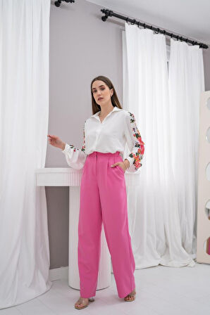 Beyaz Kolu Çiçekli Gömlek