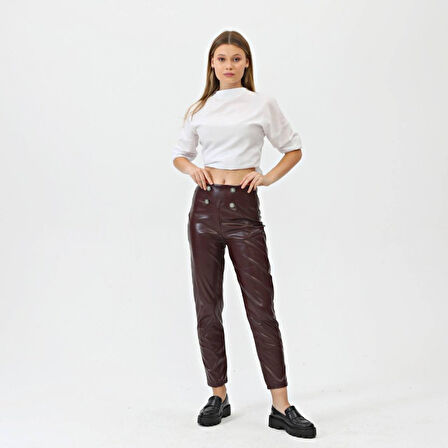 Düğmeli̇ Yan Fermuarli Deri̇ Pantolon