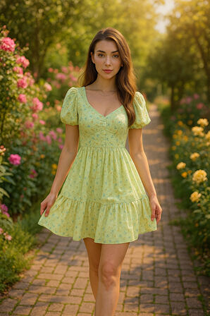 Yeşil Sırt Dekolteli Elbise