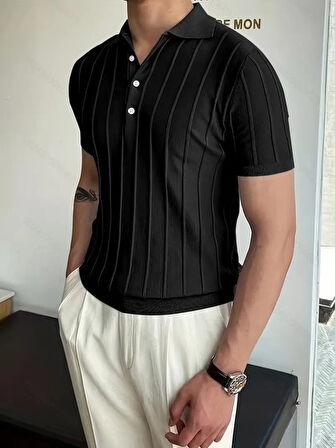 Erkek Kısa Kollu Yakalı önden Düğmeli Triko Bluz