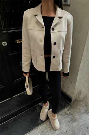 SÜET CROP CEKET CEP DETAYLI - Taş