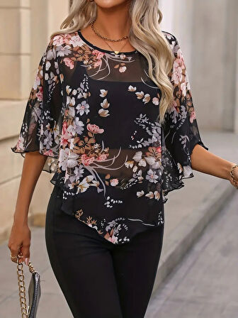 Kadın Kısa Kollu Yuvarlak Yaka çiçek Baskılı Asimetrik Kesim şifon Bluz
