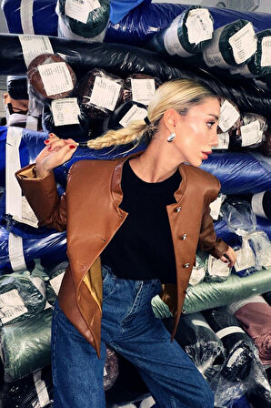 Kahverengi Önü Düğme Kapamalı Deri Ceket