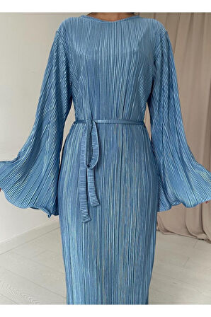 Mavi İspanyol Kol Piliseli Elbise