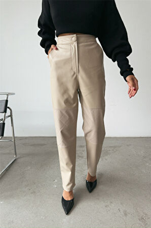 DERİ PANTOLON DİZ PARÇALI - Taş