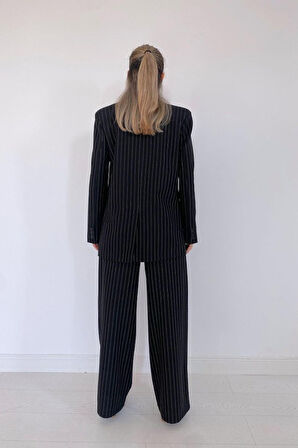 Siyah Çizgili Ceket - Yelek Ve Pantolon Takım