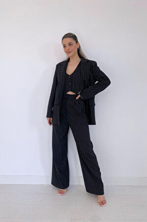 Siyah Çizgili Ceket - Yelek Ve Pantolon Takım