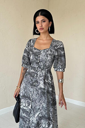 Haki Önü Düğmeli Kalp Yaka Elbise