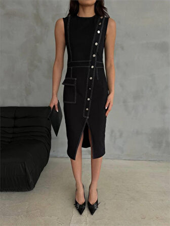 GABARDİN KALEM ELBİSE DÜĞME VE YIRTMAÇ DETAYLI - Bej