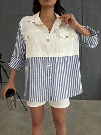 GABARDİN ŞORT - GABARDİN - ÇİZGİLİ KETEN GARNİLİ CEKET TAKIM - Lacivert