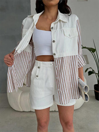 GABARDİN ŞORT - GABARDİN - ÇİZGİLİ KETEN GARNİLİ CEKET TAKIM - Kahverengi