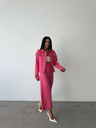 KETEN PÜSKÜL DETAYLI GÖMLEK-PANTOLON TAKIM - Fuşya