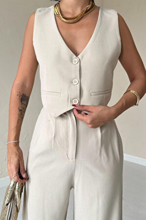 Bej Klas Ceket Ve Yelek Ve Pantolon Takım