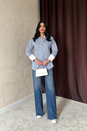 Mavi Çizgili Poplin Uzun Kol Gömlek