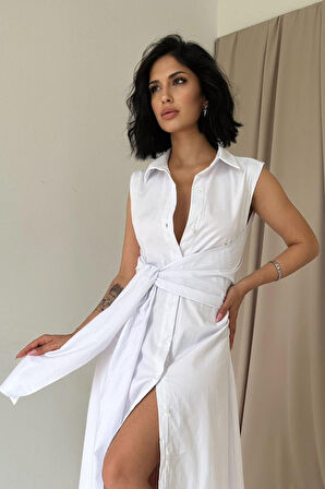 Beyaz Gömlek Yaka Bağlamalı Elbise