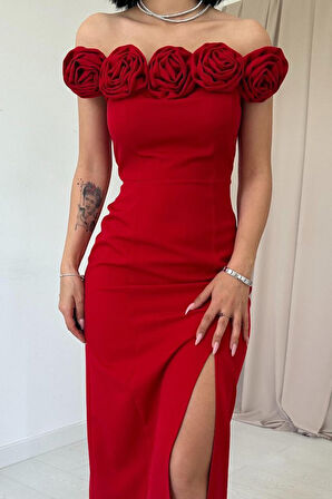 Kırmızı Madonna Yaka Güllü Elbise