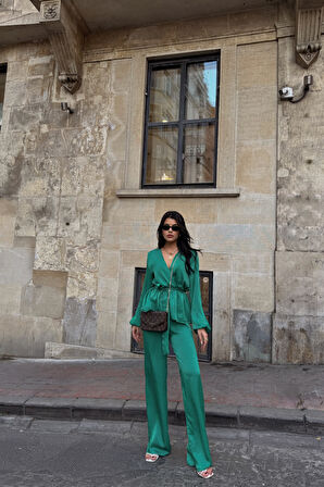 SATEN KRUVAZE BAĞLAMALI BLUZ- PANTOLON TAKIM - Yeşil