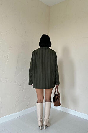 Haki Çizgili Oversize Ceket